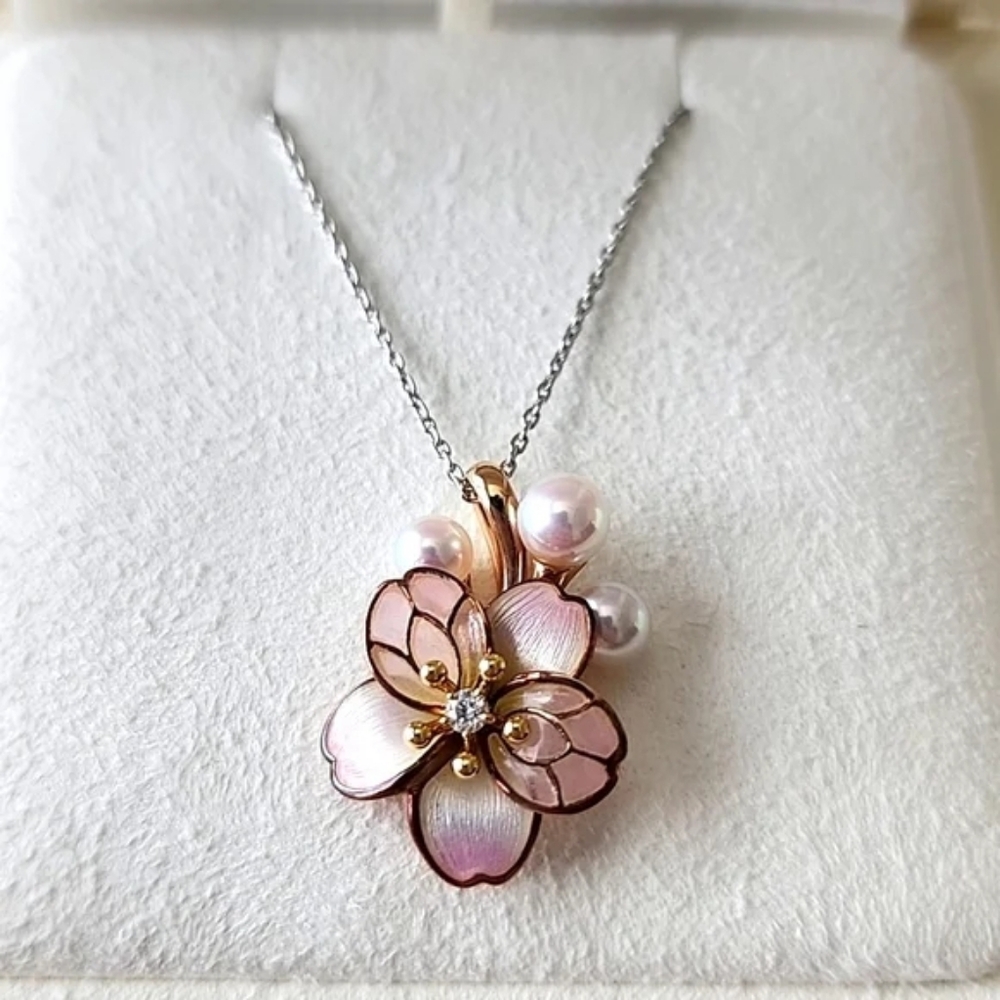 Mikimoto Cherry Blossom Akoya Cultured Pearl Pendant in 18k Pink Gold (New)
